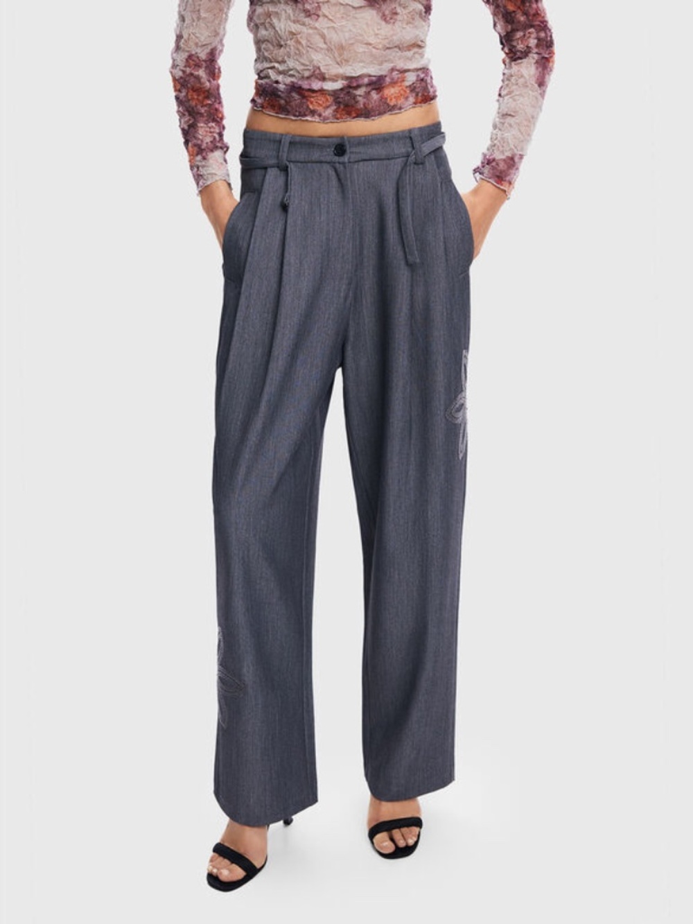 DESIGUAL EMBROIDERED STRAIGHT LONG TROUSER in GRAY